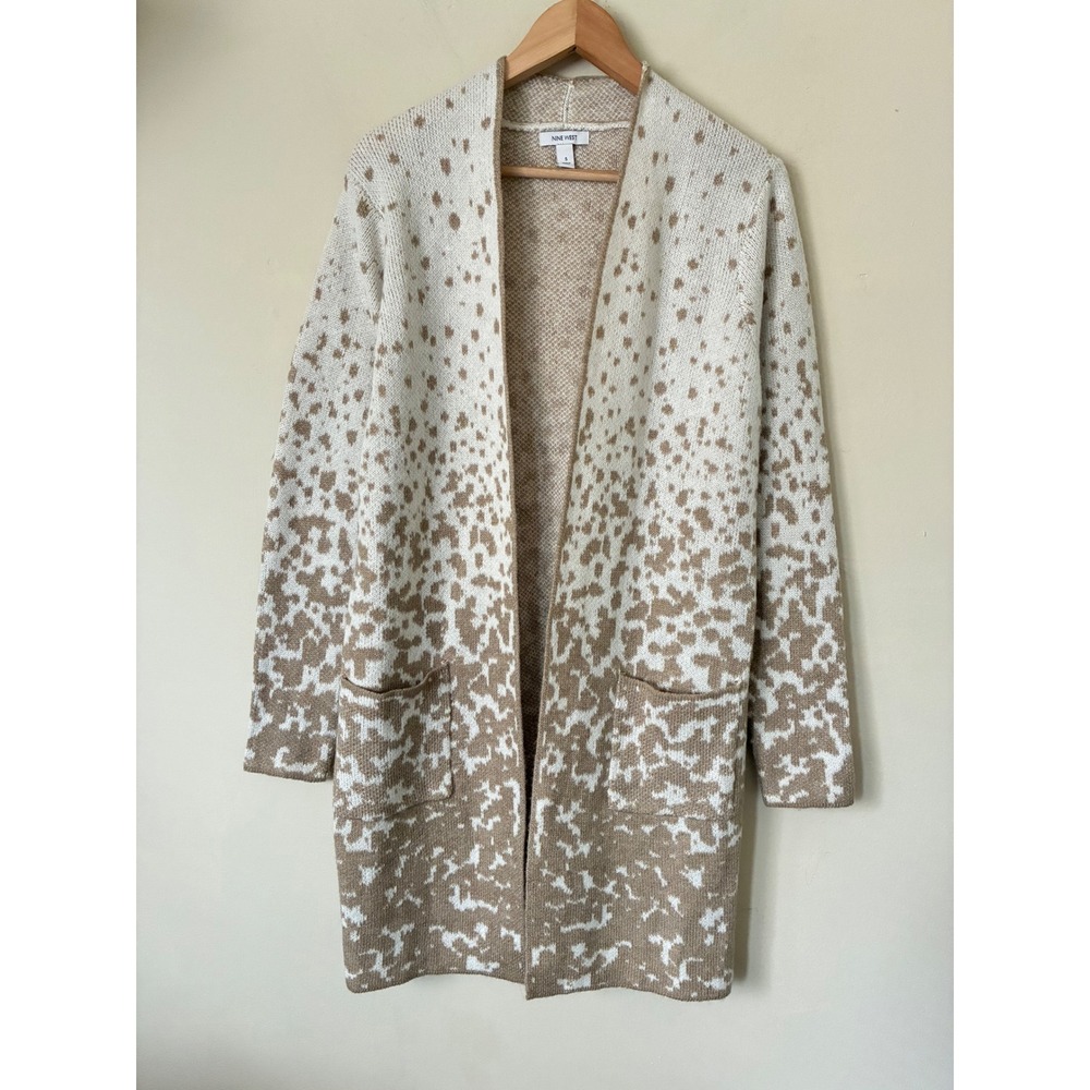 Nine West Womens Tan White Abstract Animal Print Open Front Cardigan Sweater S